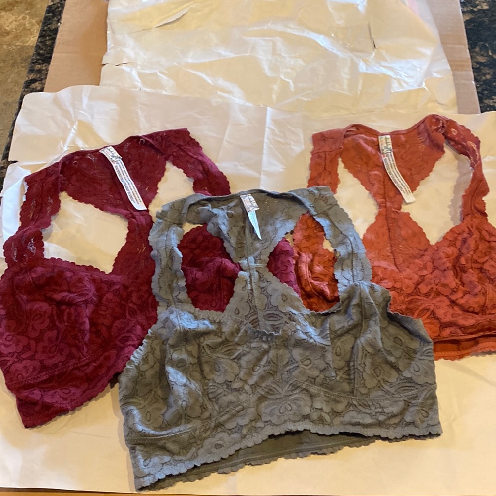 Set of 3 Free People Lace Bralettes, gray, rose & cranberry